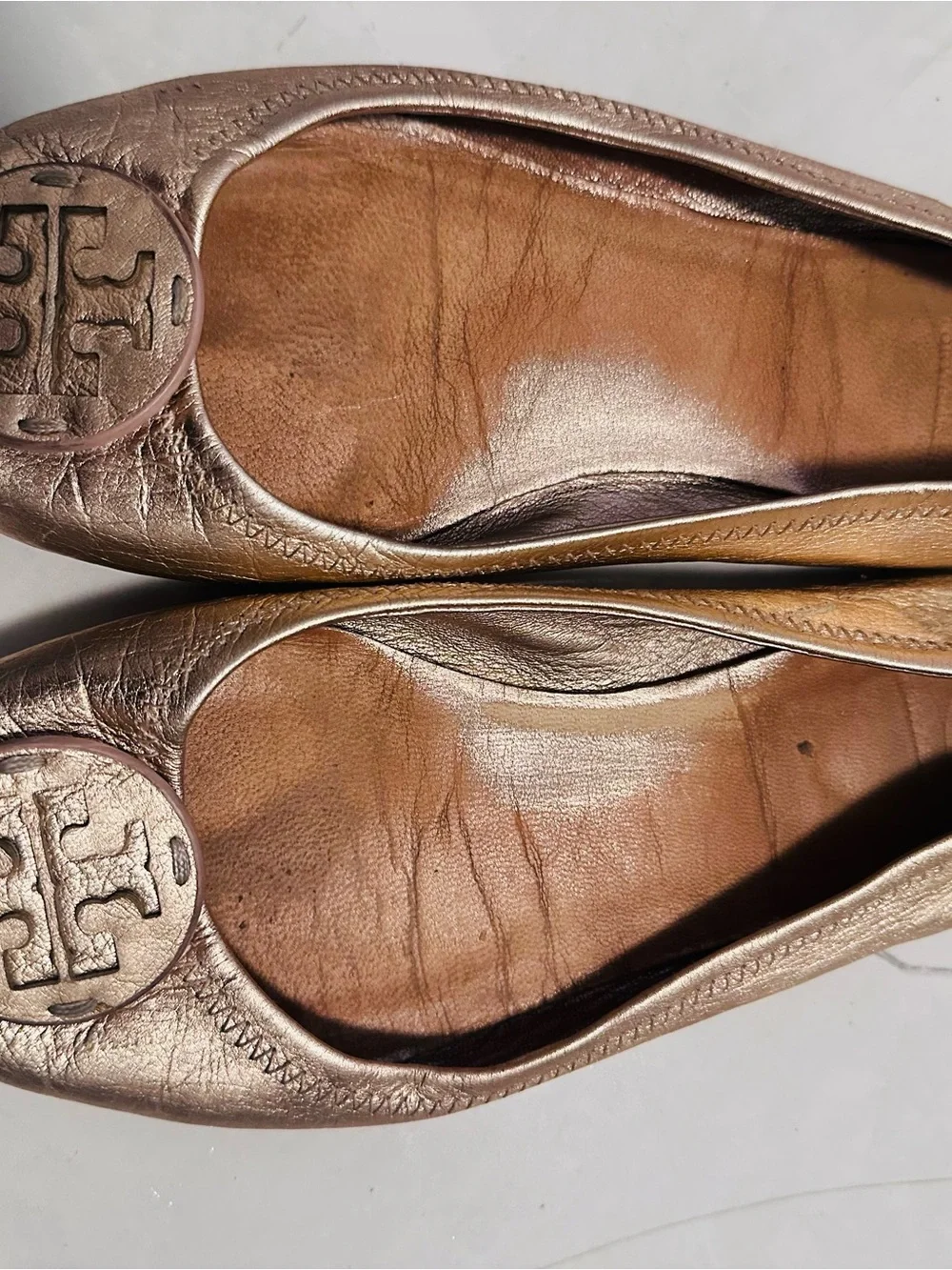 Tory Burch Rose Gold Logo Leather Ballet Flats
